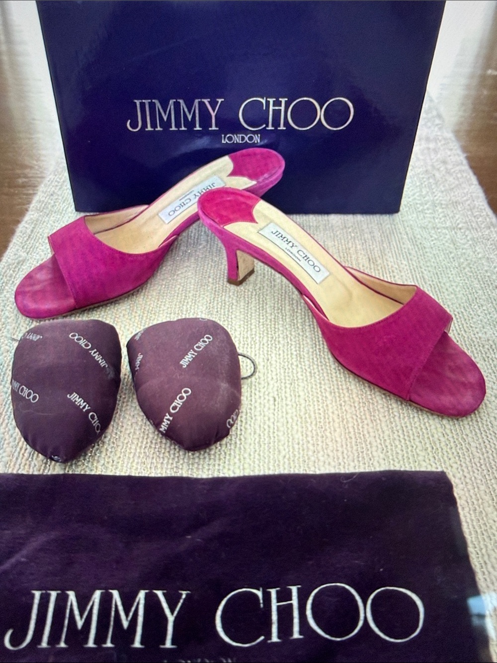 Jimmy Choo Fuchsia hot pink Suede Getty Open-Toe High Heel Slides 37.5 / 7